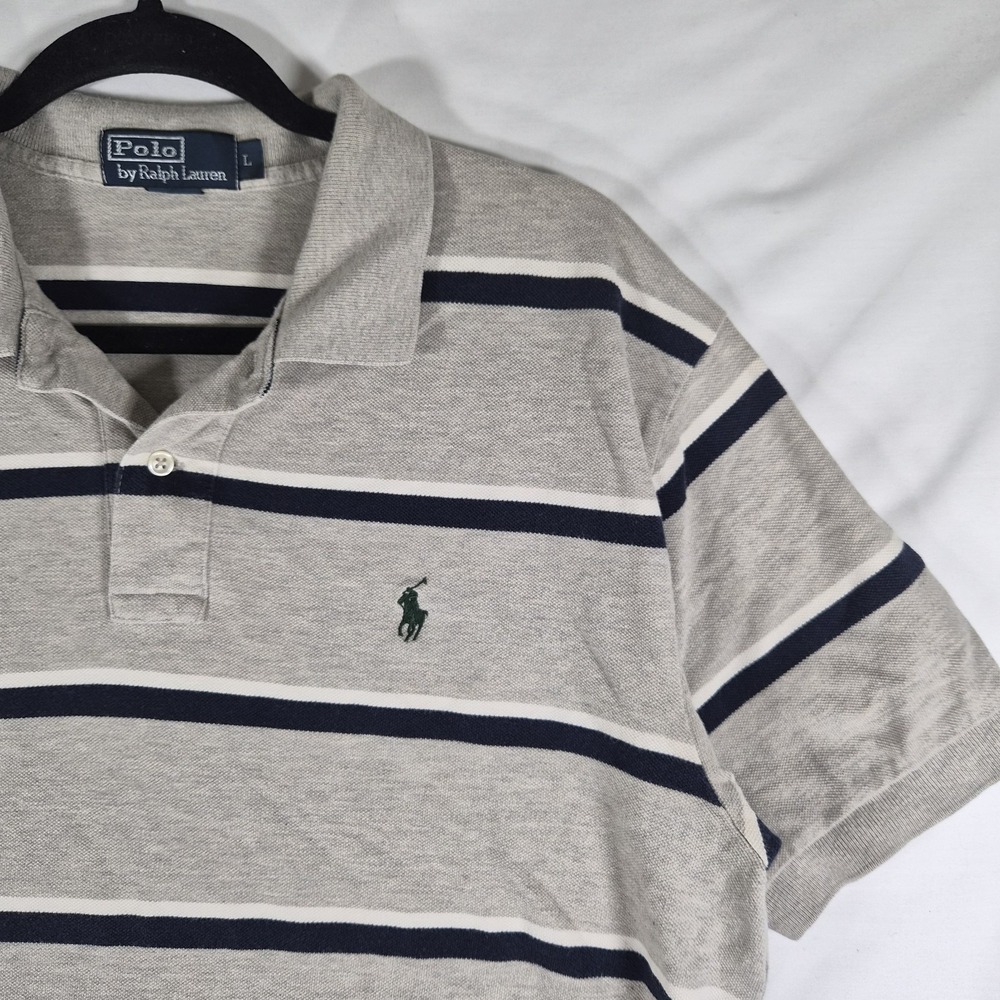 Polo Ralph Lauren Men's Large Striped Polo Shirt Gray Navy Pony Short Sleeve